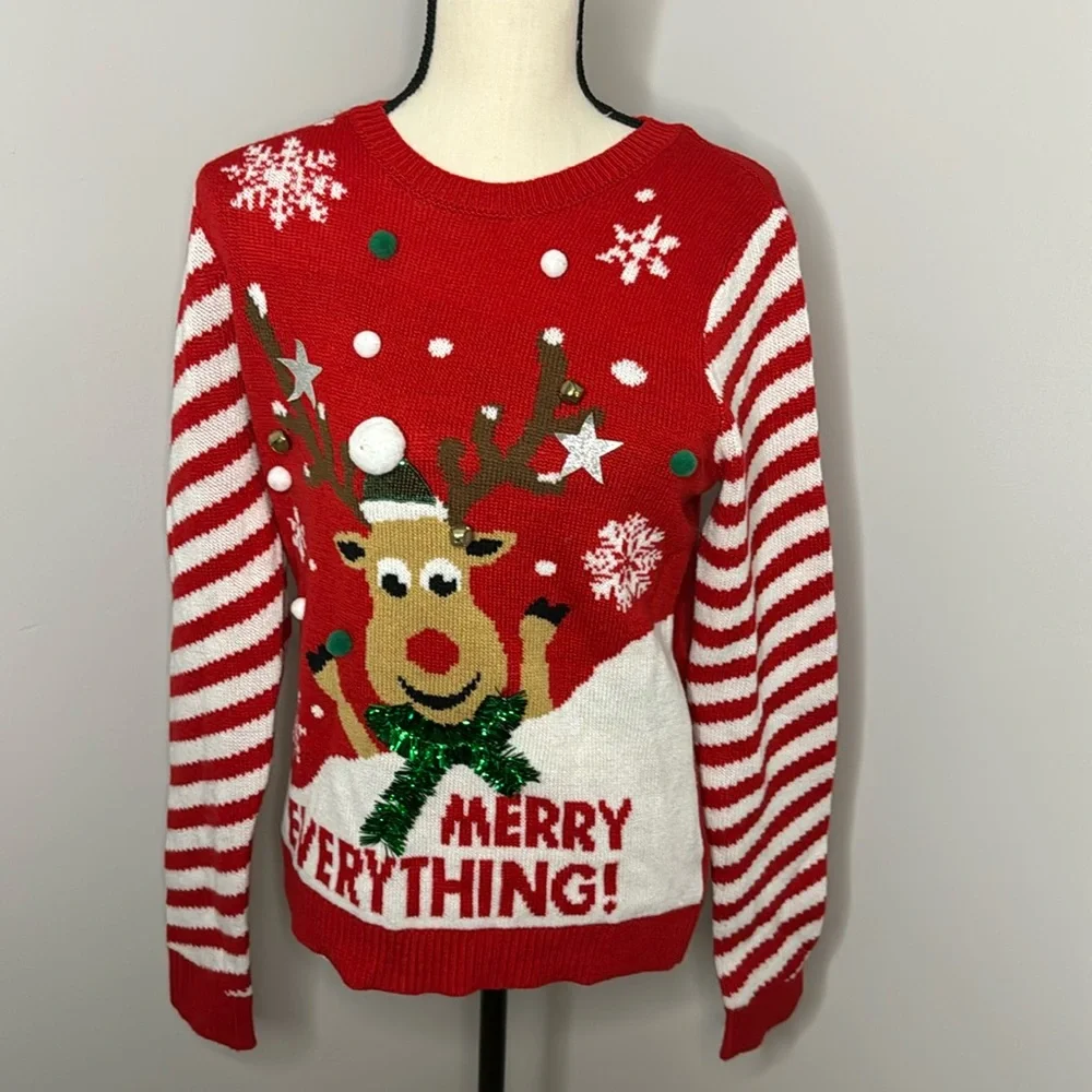 Ugly Christmas/Holiday Reindeer Sweater with Bells Sz M (7-9) - Picture 1 of 4
